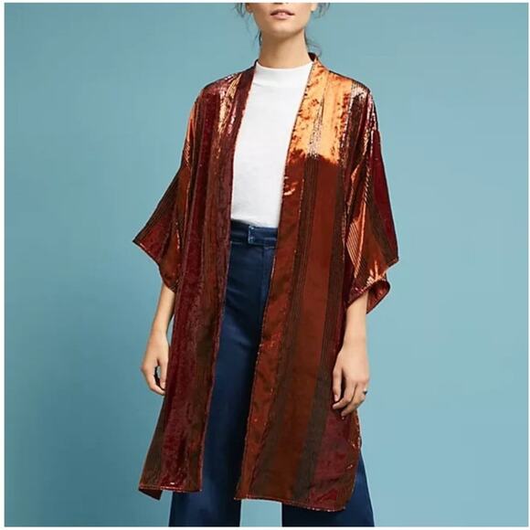 Anthropologie Sweaters - Athropologie Ettwa Longline Orange Brown Velvet Kimono Duster Jacket Size M/L